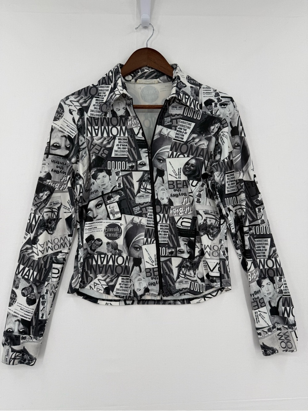 Y2K Paris Black White Newspaper Magazine Print Zip Jacket Women’s Size 44